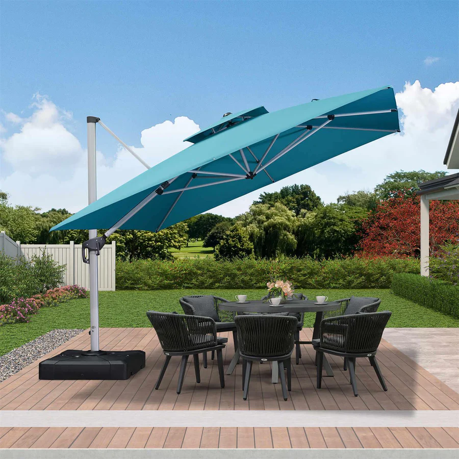 10ft Square Woodgrain Pattern 2-Tier Outdoor Solar LED Cantilever Umbrella w/ Base